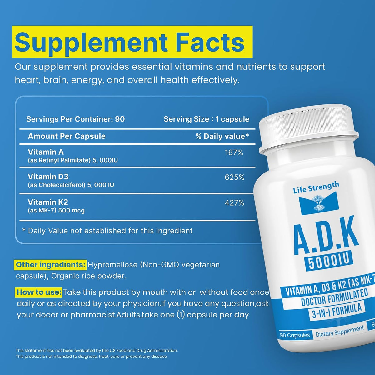 LifeStrength ADK Food Supplement - Vitamins A1, D3 & K2 (MK-7) - Bone Health & Immune Support - 2-Pack (180 Capsules) - görsel 2