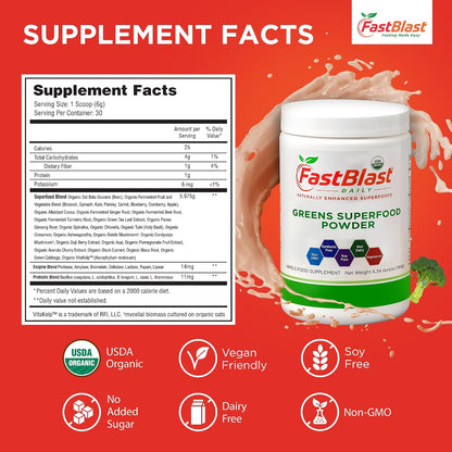 FastBlast Organic Super Greens Powder – Over 30 Superfoods with Probiotics, 180g