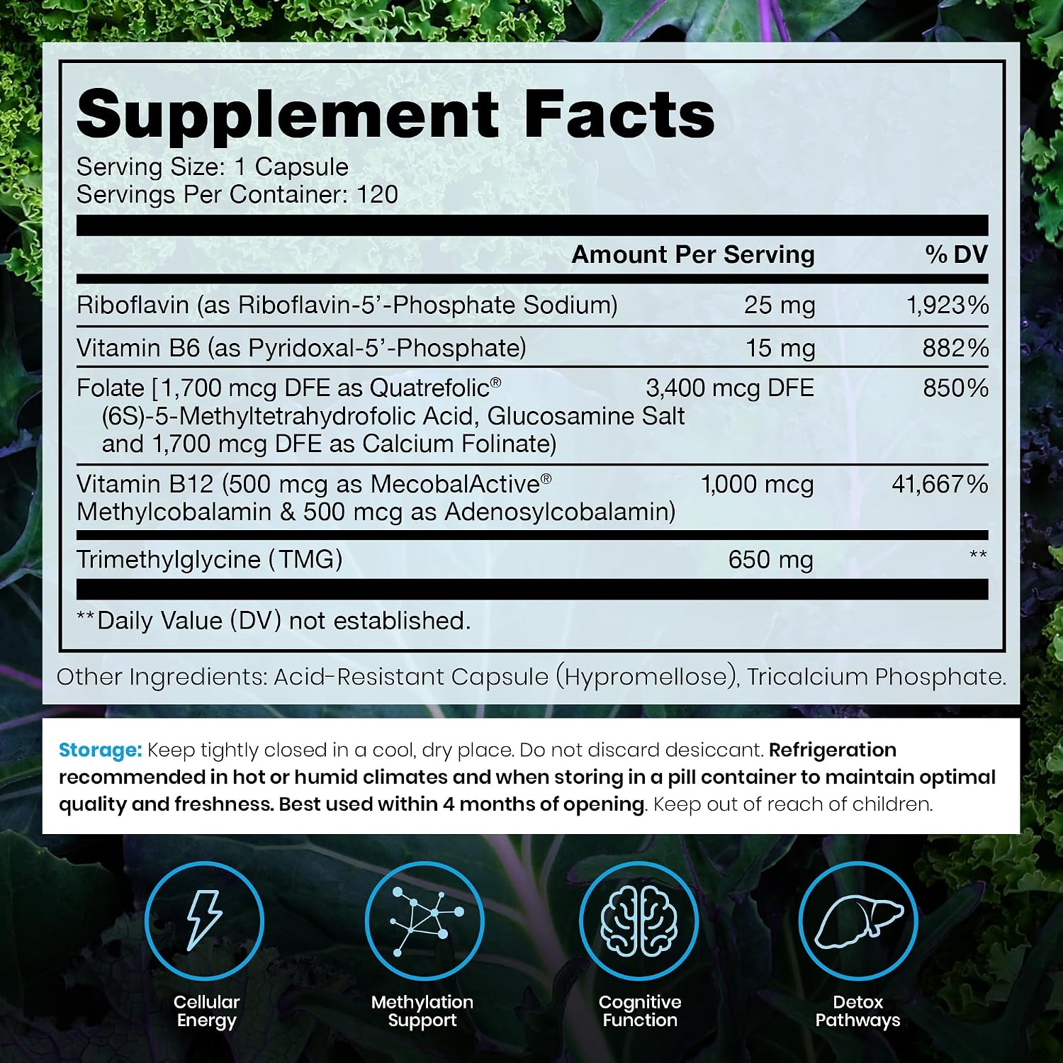 Methylated B Complex Vitamins - Quatrefolic Folate, Methylcobalamin B12, TMG - 120 Capsules - görsel 2