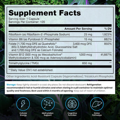 Methylated B Complex Vitamins - Quatrefolic Folate, Methylcobalamin B12, TMG - 120 Capsules