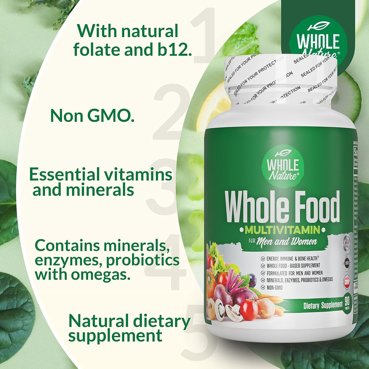 Whole Food Multivitamin for Men and Women (Twin Pack) - Plant Based Daily Superfood Vitamins with Digestive Enzymes, Probiotics & Omegas - görsel 3