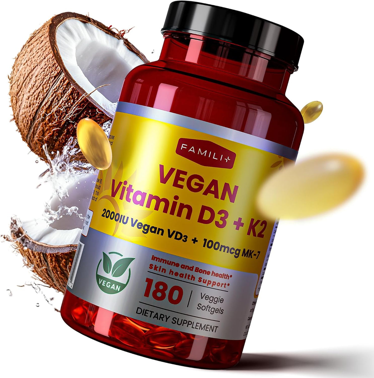 FAMILI+ Vegan Vitamin D3+K2 Soft gel capsule with Coconut MCT Oil – 2000 IU D3 + 100 mcg K2 MK-7, 180 Capsules – Image 2