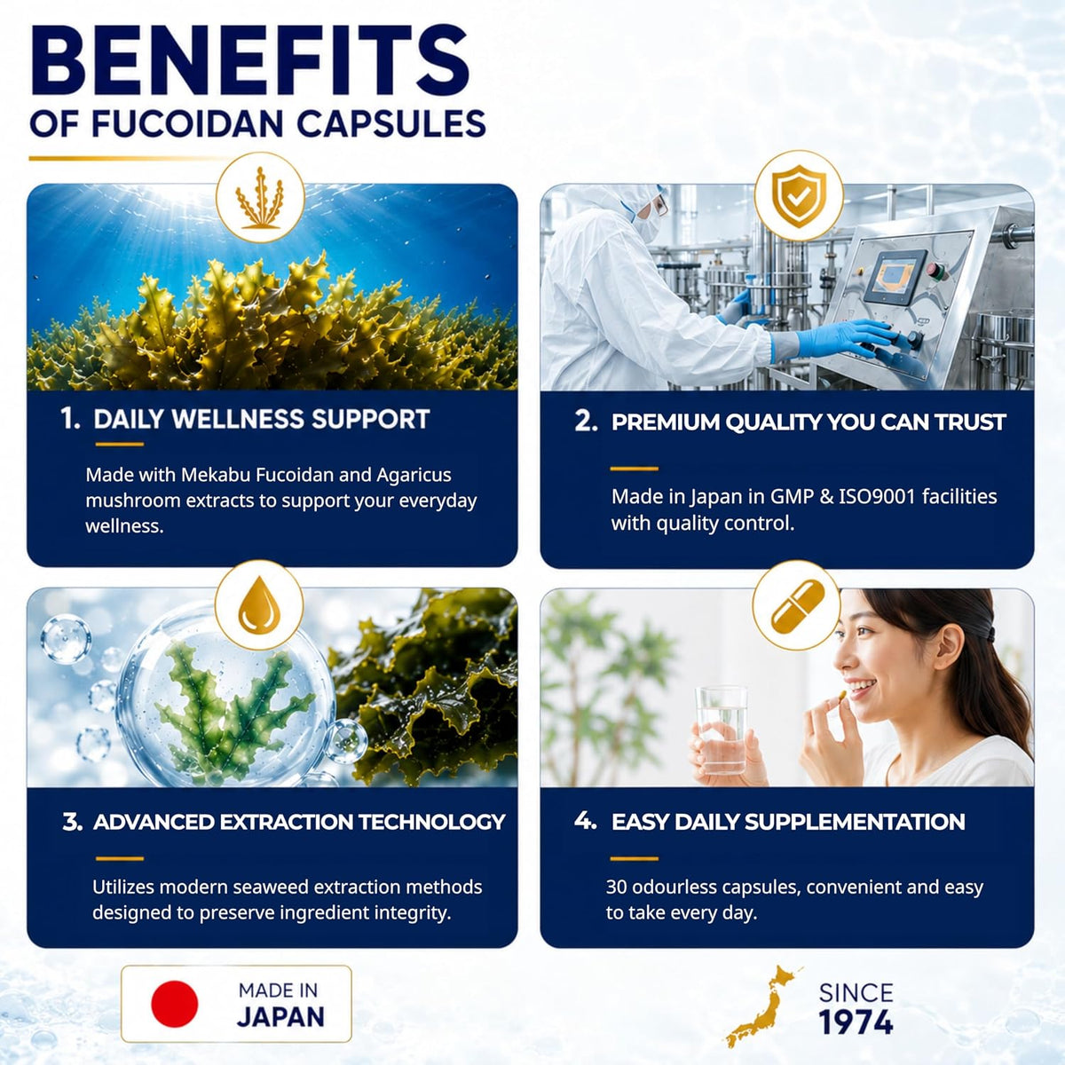 FINE JAPAN Fucoidan Capsules with Mekabu Seaweed and Agaricus Mushroom - 30 Capsules - Immune Support Supplement - görsel 3