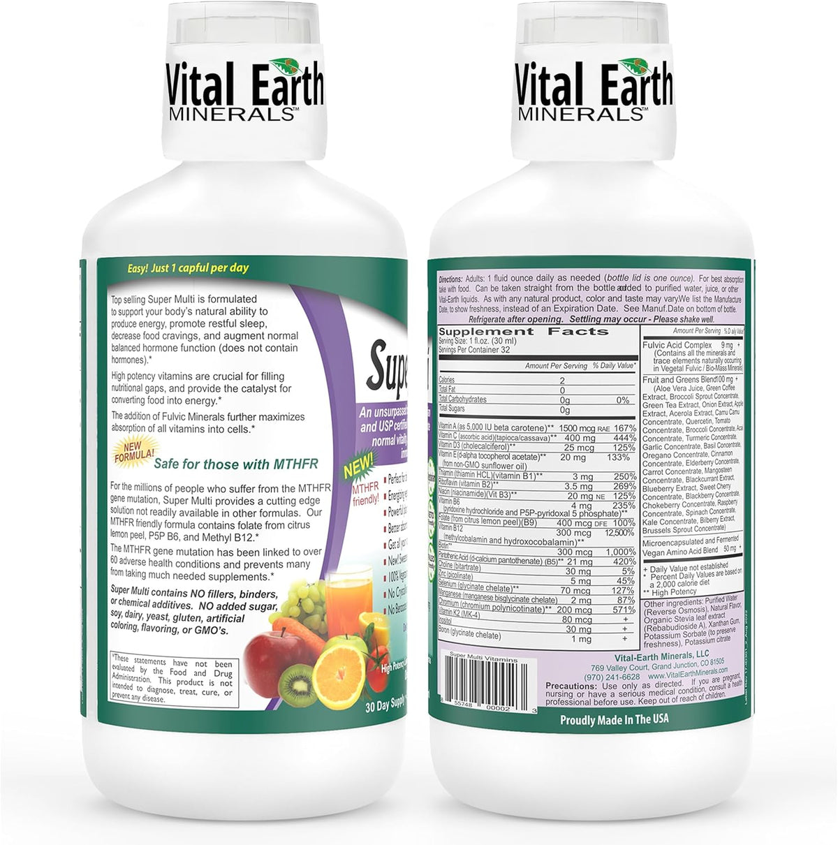 Vital Earth Minerals Super Multi – Liquid Multivitamin for Women, Men & Children, with Fulvic Acid for Better Absorption, MTHFR Support, 946ml + 30ml Cup - görsel 2