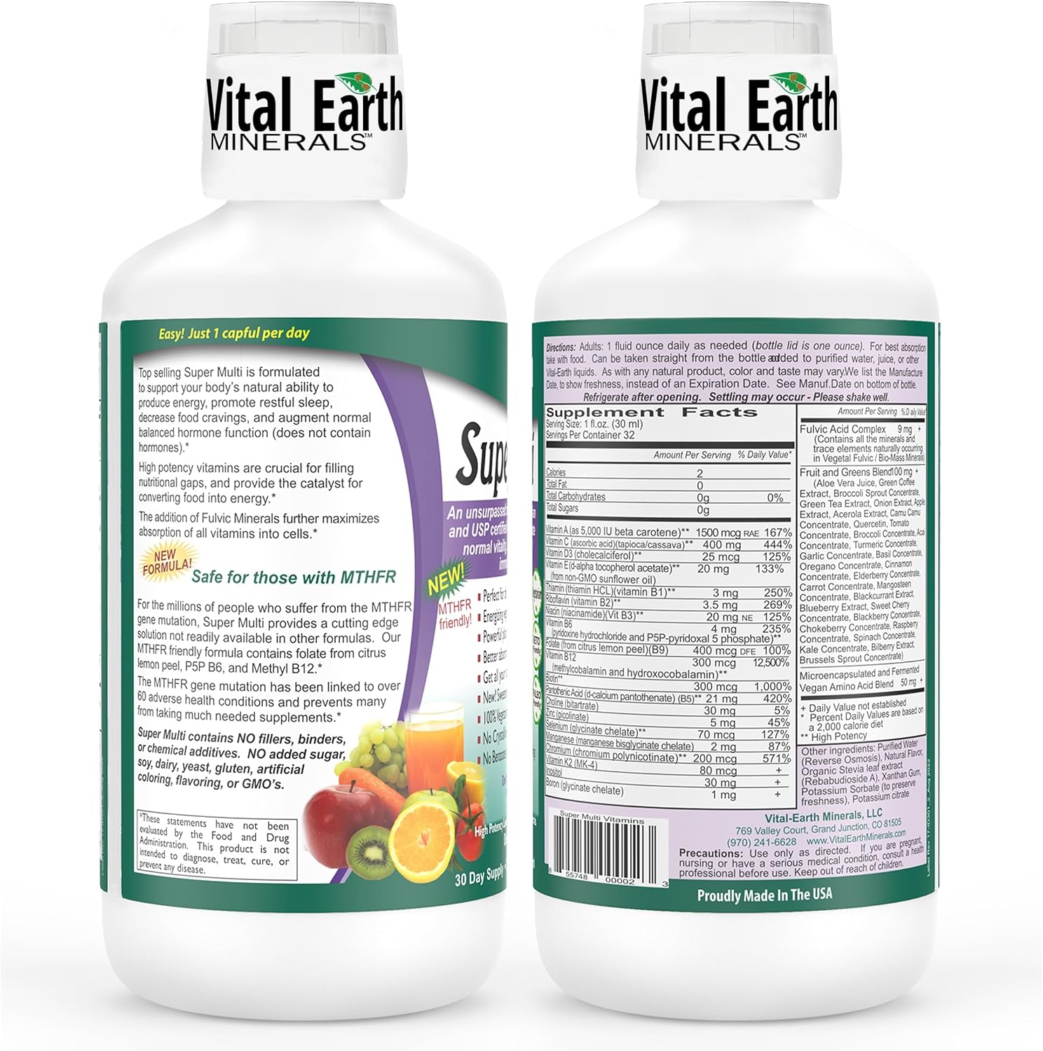 Vital Earth Minerals Super Multi – Liquid Multivitamin for Women, Men & Children, with Fulvic Acid for Better Absorption, MTHFR Support, 946ml + 30ml Cup - görsel 2