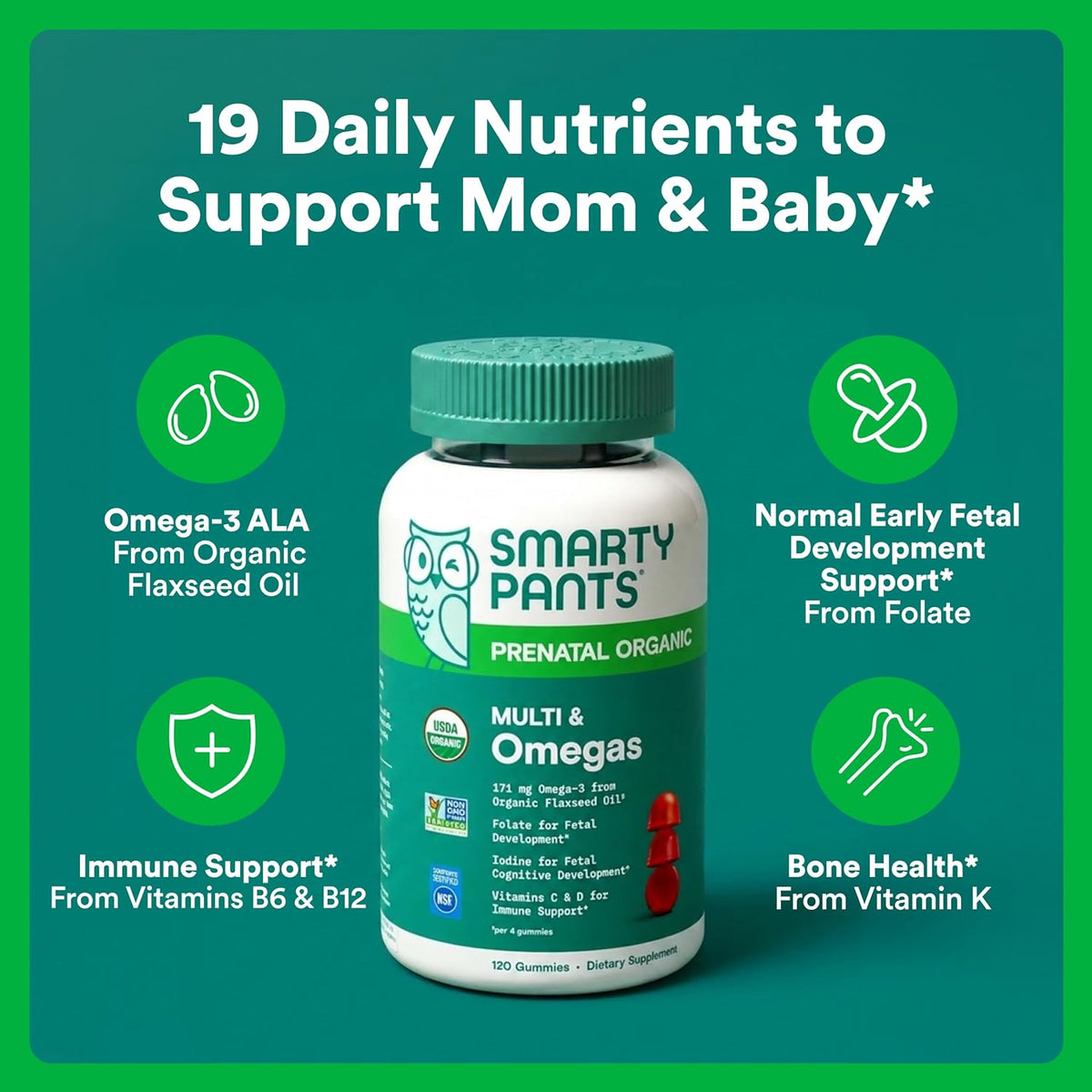 SmartyPants Organic Prenatal Vitamins for Women, Multivitamin Gummies: Biotin, Methylfolate, Omega 3 (ALA), Vitamin D3, C, Vitamin B12, B6, A, K2 & Zinc, Choline, Vegetarian, 120 Count (30 Day Supply) - görsel 2