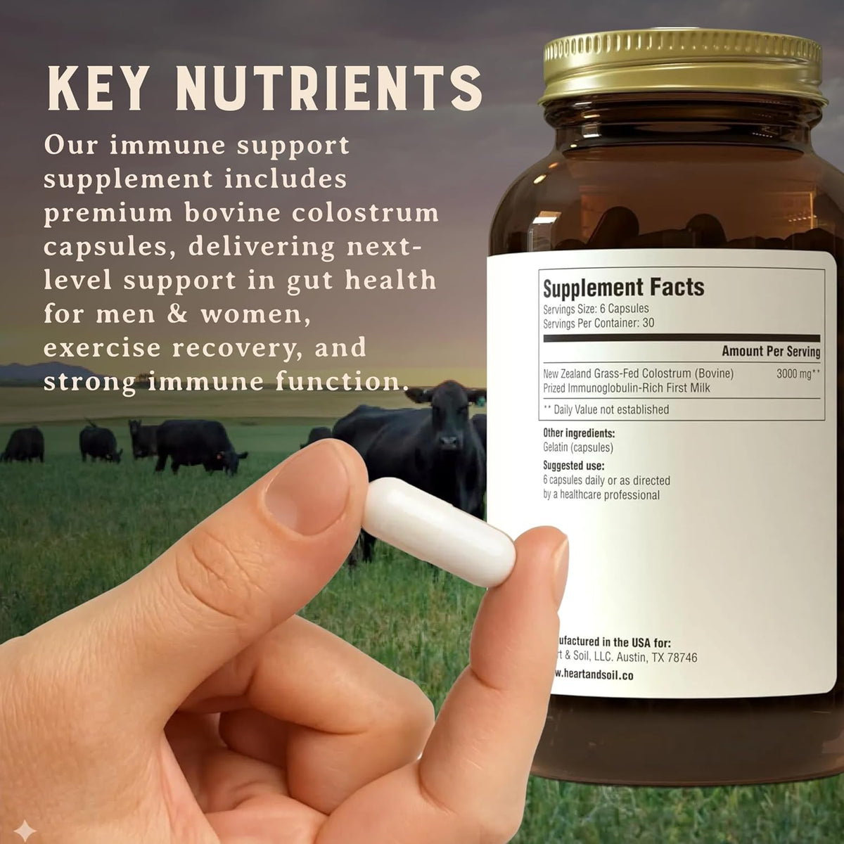 HEART & SOIL 100% Grass Fed & Finished Colostrum Supplement – 3000mg Bovine Colostrum Capsules – 180 Capsules - görsel 8