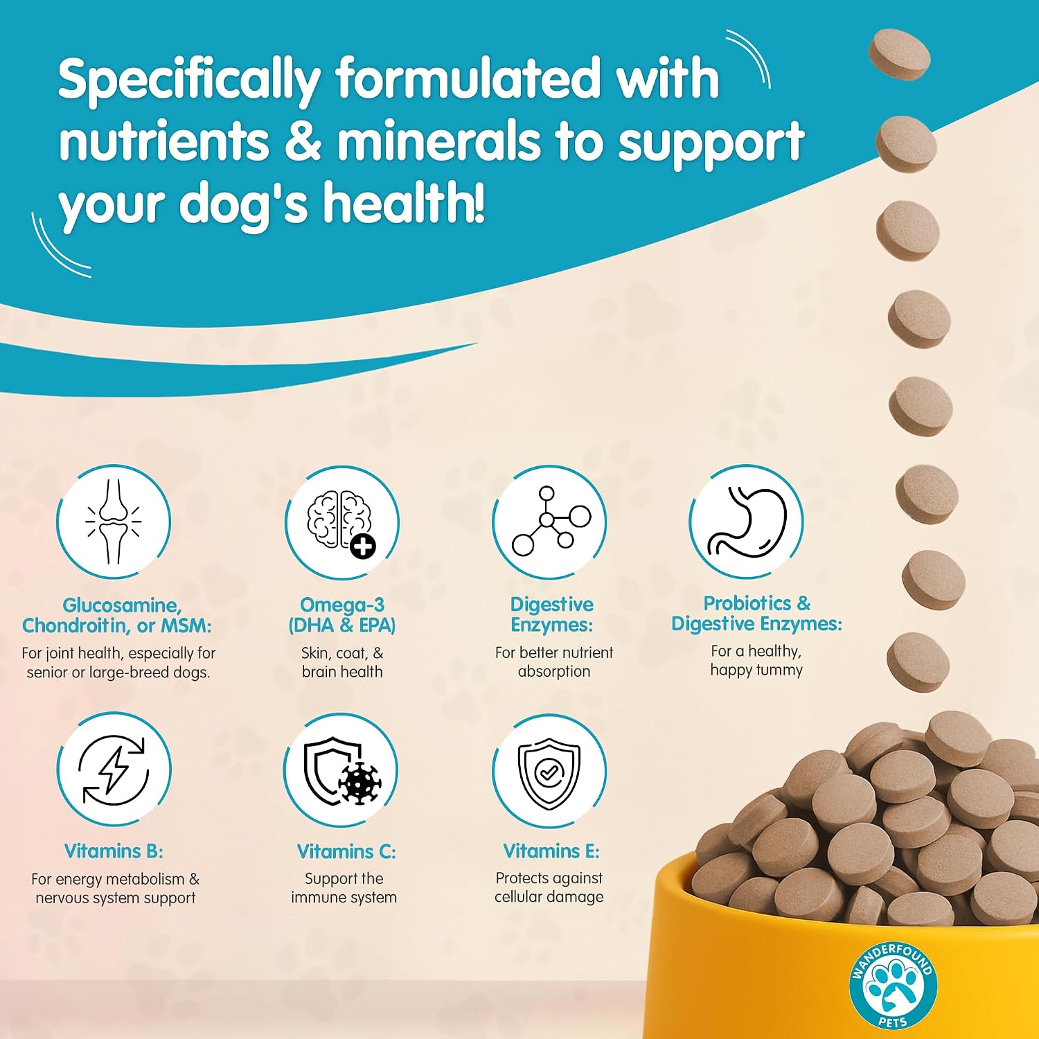 Wanderfound Pets 10-in-1 Dog Multivitamin, Chewable Dog Vitamins with Glucosamine, D3, and MSM, Dog Health Supplies for Immune System and Joint Health, Liver Flavour, 60 Tablets - görsel 2