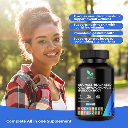 Mishas Nutraceuticals Sea Moss Blend with Black Seed Oil, Ashwagandha, Turmeric, Bladderwrack, Burdock Root, Vitamin C & D3, Elderberry, Manuka, Dandelion, Yellow Dock, Iodine, Chlorophyll & ACV
