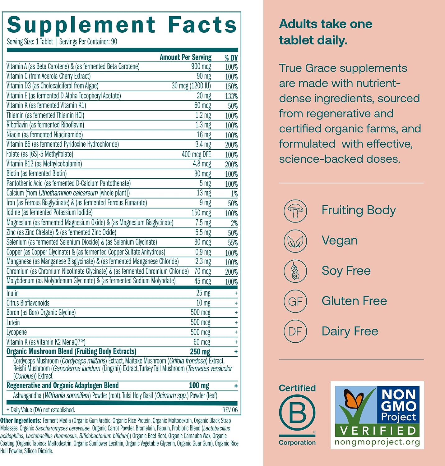 True Grace One Daily Women’s Multivitamin - Fermented Minerals, Organic Adaptogens & Mushrooms - Whole Body Balance, Immune, Energy, Beauty Support - 90 Vegan Tablets - görsel 2