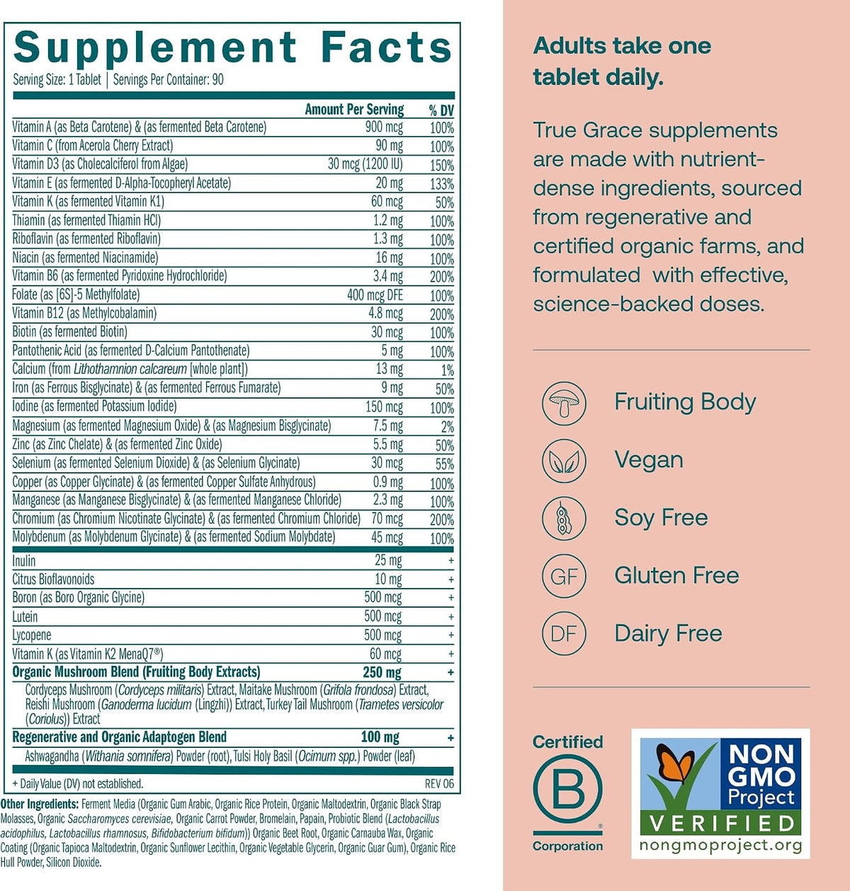 True Grace One Daily Women’s Multivitamin - Fermented Minerals, Organic Adaptogens & Mushrooms - Whole Body Balance, Immune, Energy, Beauty Support - 90 Vegan Tablets - görsel 2