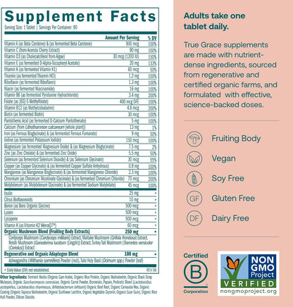 True Grace One Daily Women’s Multivitamin - Fermented Minerals, Organic Adaptogens & Mushrooms - Whole Body Balance, Immune, Energy, Beauty Support - 90 Vegan Tablets