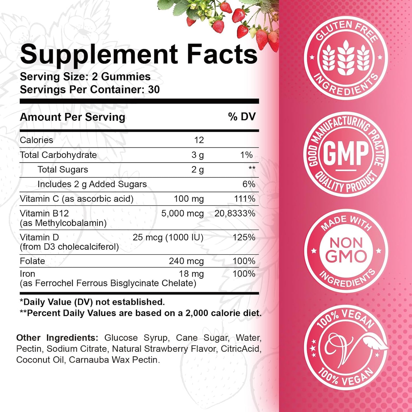 ReviNutra Vitamin B12 Complex Gummies - 5000 mcg Methylcobalamin with Iron, Vitamin C, D3 & Folate, Strawberry Flavour (2 Pack) - görsel 2