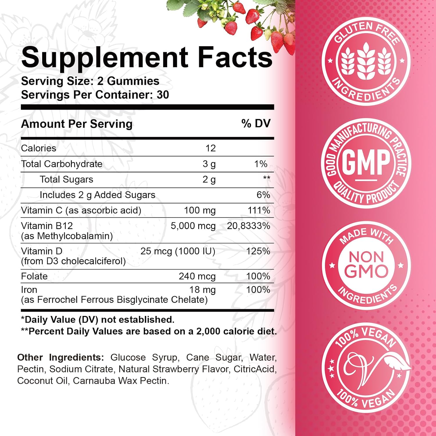 ReviNutra Vitamin B12 Complex Gummies - 5000 mcg Methylcobalamin with Iron, Vitamin C, D3 & Folate, Strawberry Flavour (2 Pack) - görsel 2