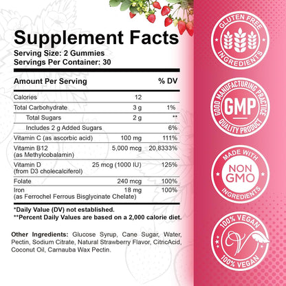 ReviNutra Vitamin B12 Complex Gummies - 5000 mcg Methylcobalamin with Iron, Vitamin C, D3 & Folate, Strawberry Flavour (2 Pack)