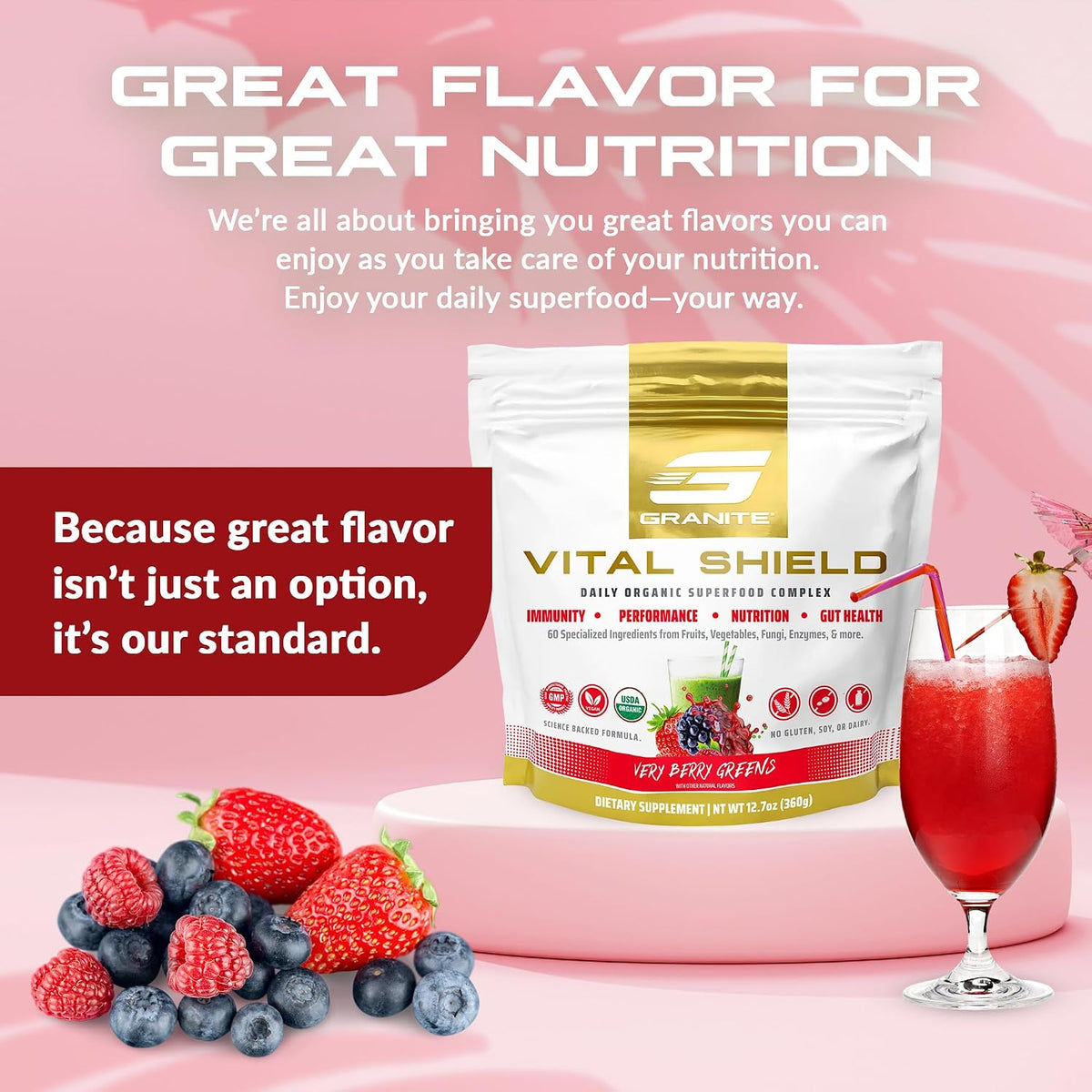 Granite Nutrition Vital Shield - USDA Organic Superfood Greens with Mushrooms & Tart Cherry for Energy, Immunity & Gut Health - Very Berry (30 Servings) - görsel 8