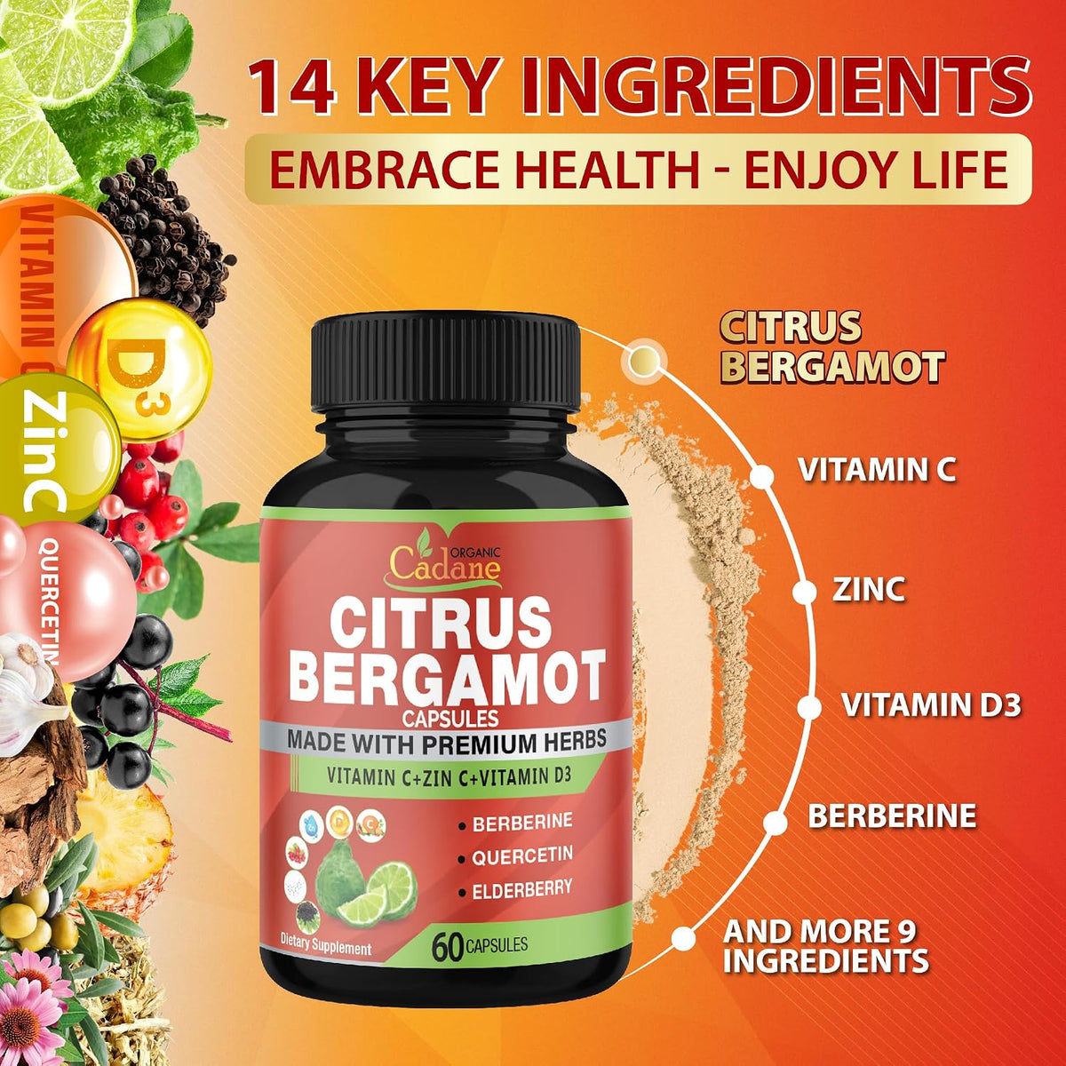 Citrus Bergamot Extract Supplement with Vitamin C, D3, Zinc, Berberine, Quercetin & More | Immune Support | 60 Capsules - görsel 5
