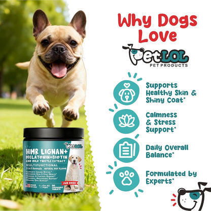 HMR Lignan + Melatonin + Biotin + Milk Thistle for Dogs | 4-in-1 Formula | 90 Chewable Tablets | Natural Beef Flavour