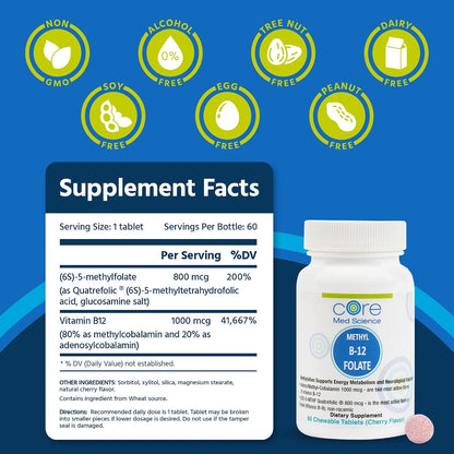 Core Med Science Methyl B12 Folate Supplement – 5-MTHF Lozenges for Mood, Cognitive Function and Heart Health