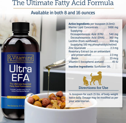 Rx Vitamins Ultra EFA Omega-3 Fish Oil for Dogs & Cats - Promotes Heart, Brain, and Joint Health with Vitamin E, Biotin, and Zinc - Liquid Fish Oil for Itch Relief, Dog Shedding, Coat Health - 8 oz