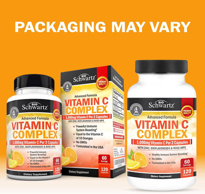 BioSchwartz Vitamin C Complex - 1000mg Capsules with Rose Hips, Zinc & Citrus Bioflavonoids, 120 Capsules