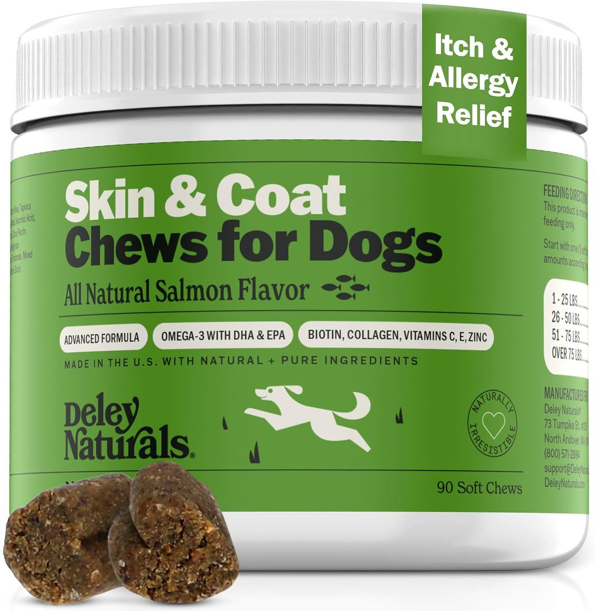 Deley Naturals Skin & Coat Chews for Dogs - Omega-3 Fish Oil, Biotin & Collagen - 90 Soft Chews - görsel 1