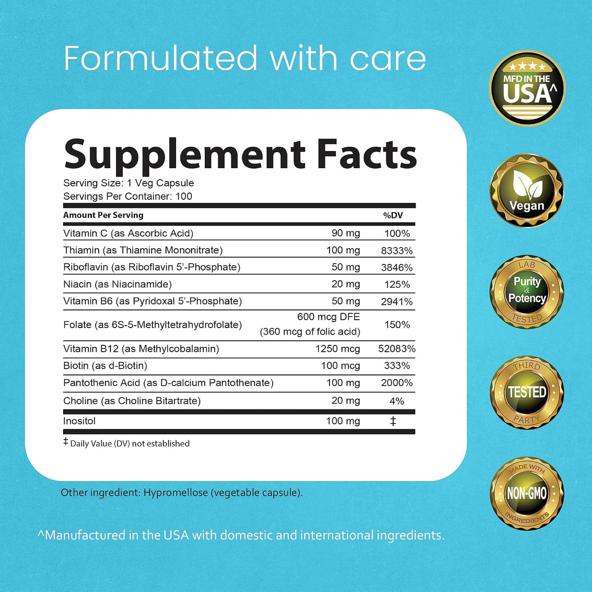 NaturaLife Labs Vitamin B Complex – Active B Vitamins (B2, B6, B9, B12) plus Vitamin C – 100 Capsules - görsel 2
