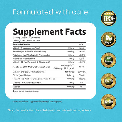 NaturaLife Labs Vitamin B Complex – Active B Vitamins (B2, B6, B9, B12) plus Vitamin C – 100 Capsules