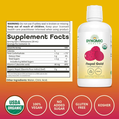 Dynamic Health Nopal Gold, Organic, No Additives, Antioxidant Support, Vegan, Gluten-free, Non-GMO, 946 ml