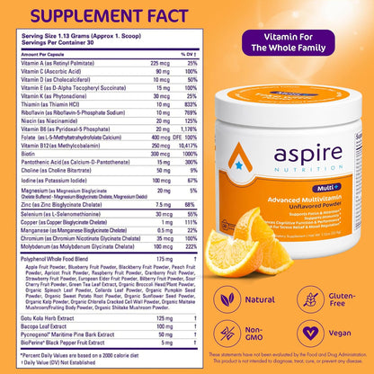 Aspire Multi+ Advanced Multivitamin Powder for Kids, Men & Women - Unflavoured