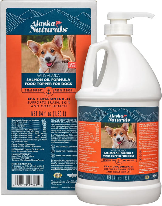 Alaska Naturals Wild Alaskan Salmon Fish Oil Supplement for Dogs' Skin and Coat with EPA DHA Omega-3 Fatty Acids Liquid Food Topper, 1.89 L Pump