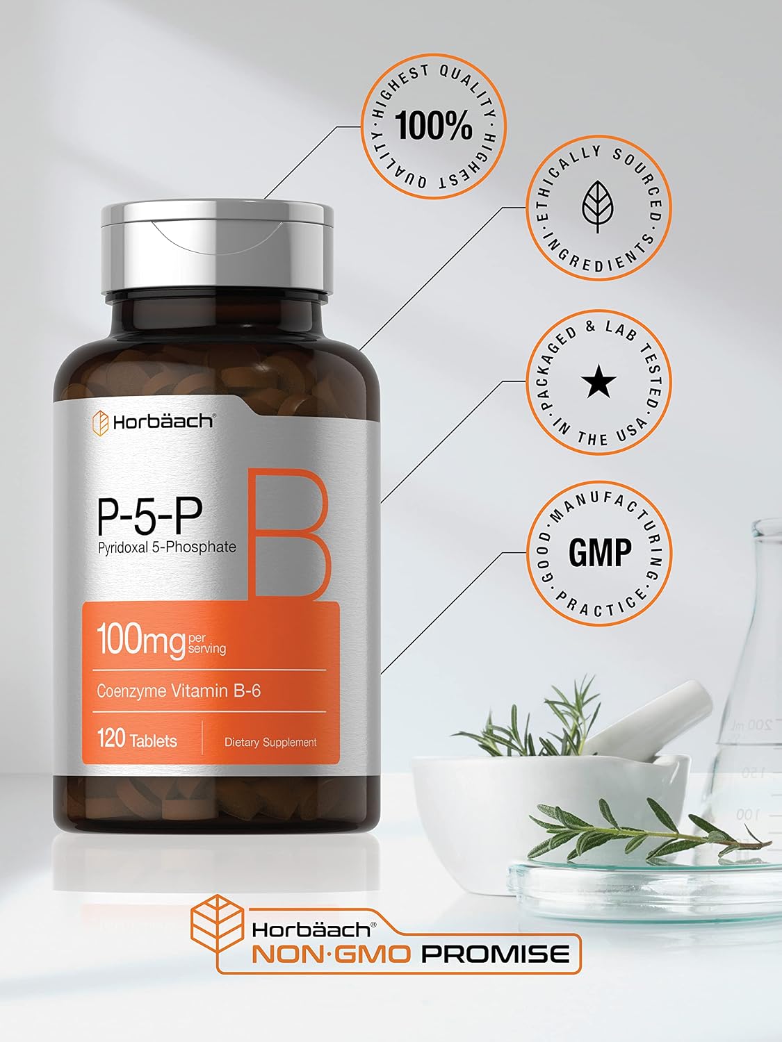 Horbäach P5P Activated Vitamin B6 100mg | 120 Tablets | Vegetarian Supplement, Non-GMO, Gluten-free | Pyridoxal 5 Phosphate | Coenzyme B6 - görsel 5