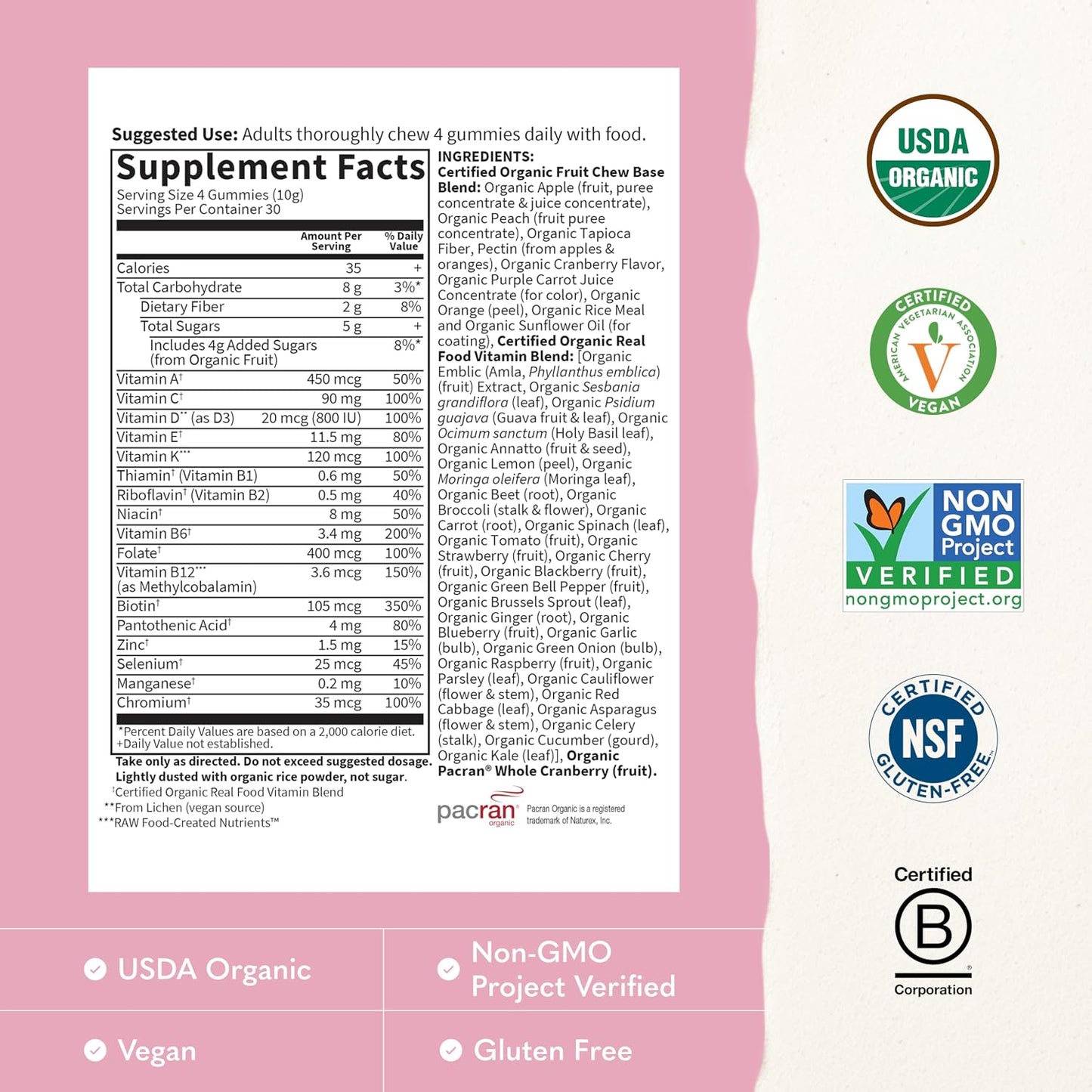 Garden of Life Organics Women's Gummies Vitamins – Multivitamin for Women with Methyl B12, C & D3, USDA Organic, Non-GM, Vegan, Berry Flavour, 120 Gummies - görsel 3