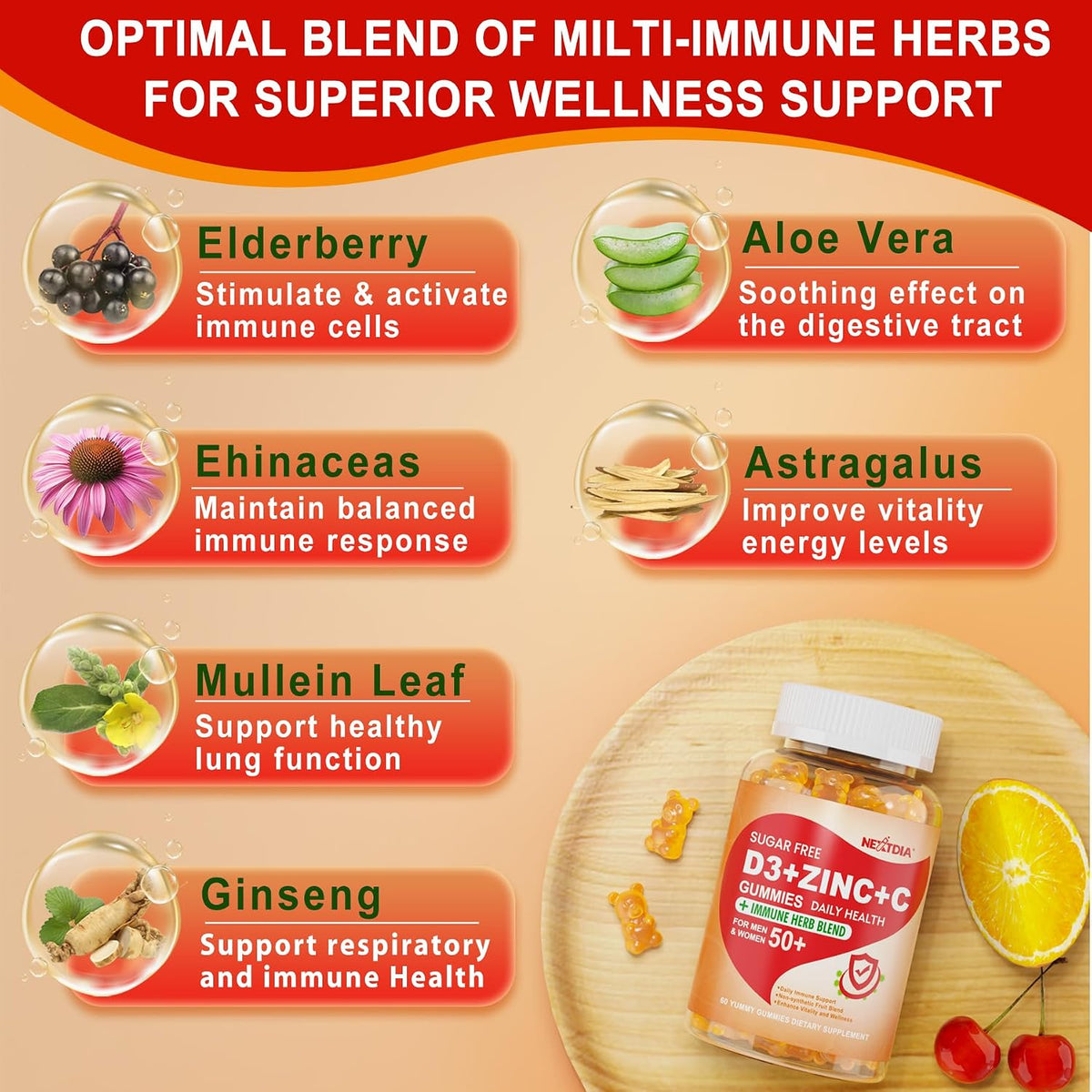 Sugar Free Vitamin C + D3 + Zinc Gummies for Adults 50+, 9 in 1 Immune Defence Supplement with D3 5000IU, Elderberry, Echinacea, Mullein Leaf - Vegan (Pack of 1) - görsel 5