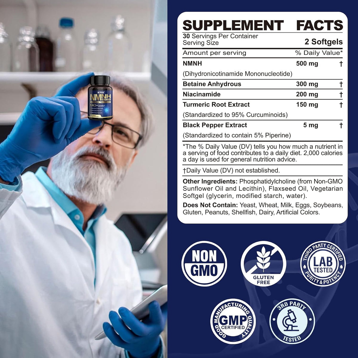 NEVISS NAD+ Supplement, Next-Gen NMNH Liposomal 500mg with Curcumin & Niacinamide – 60 Soft gel capsules - görsel 4
