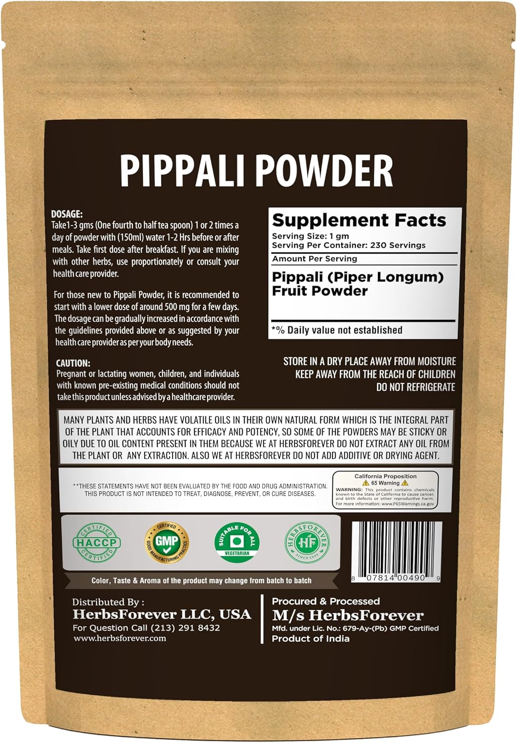 HerbsForever Pippali (Piper longum) Fruit Powder - Wild Harvested, Non-GMO, Vegan (230g) - görsel 2