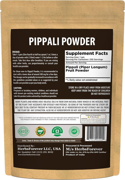 HerbsForever Pippali (Piper longum) Fruit Powder - Wild Harvested, Non-GMO, Vegan (230g)