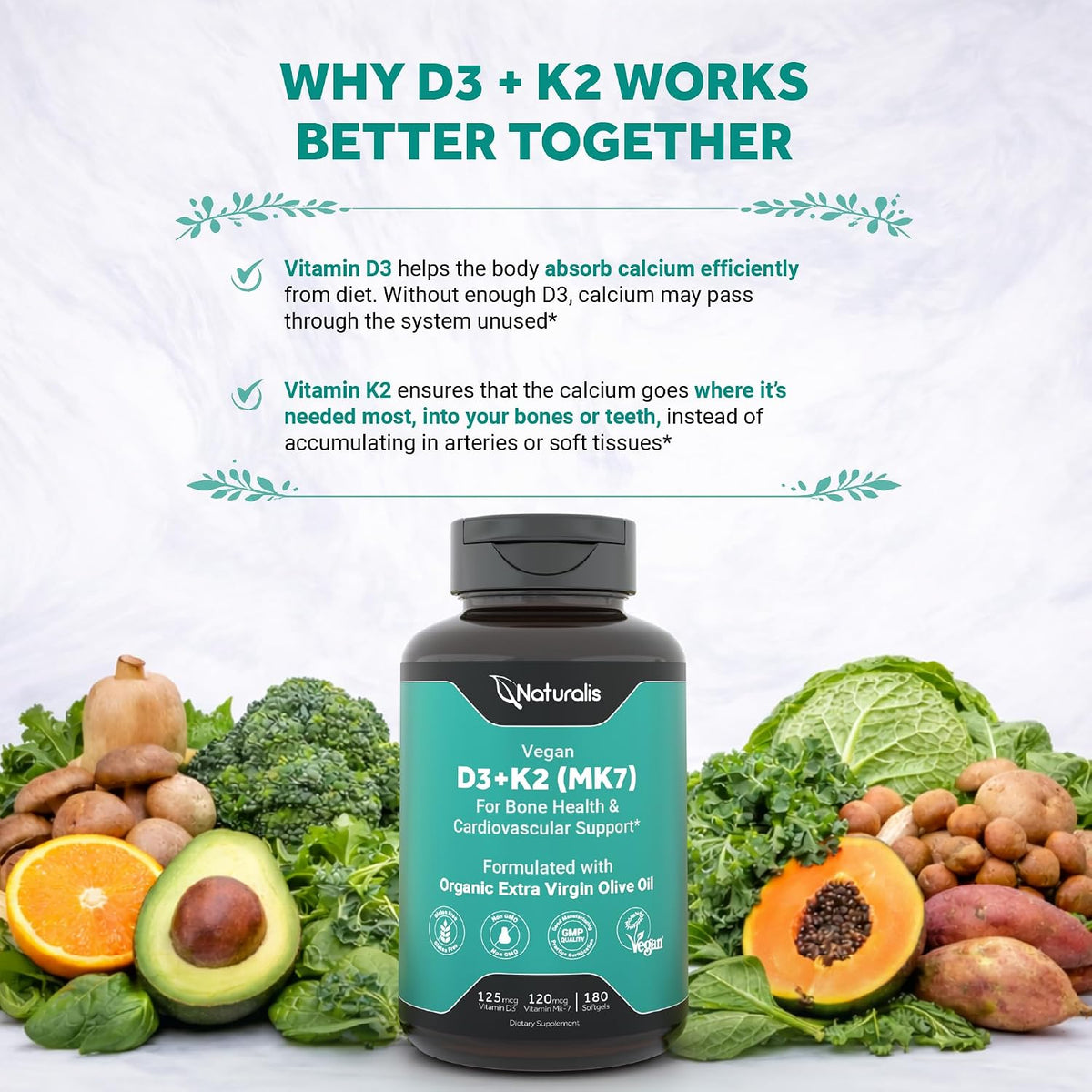 Naturalis Vegan Vitamin D3+K2 from Algae | 5000 IU D3 with 120 mcg MK-7 | Vegan Society Certified | 180 Softgels - görsel 5