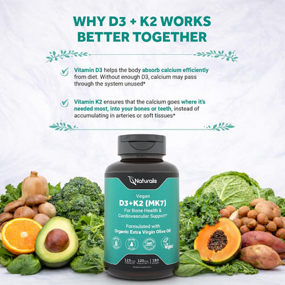 Naturalis Vegan Vitamin D3+K2 from Algae | 5000 IU D3 with 120 mcg MK-7 | Vegan Society Certified | 180 Softgels