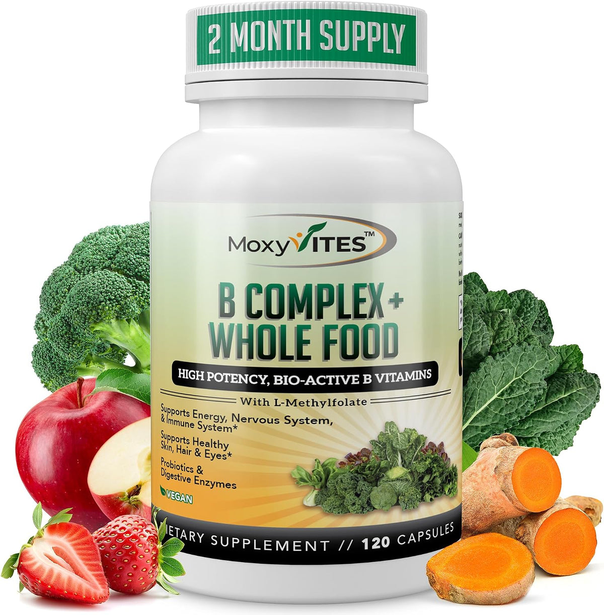 MoxyVites Vitamin B Complex – Methylated B Vitamins with Whole Foods, Vegan, 120 Capsules - görsel 1