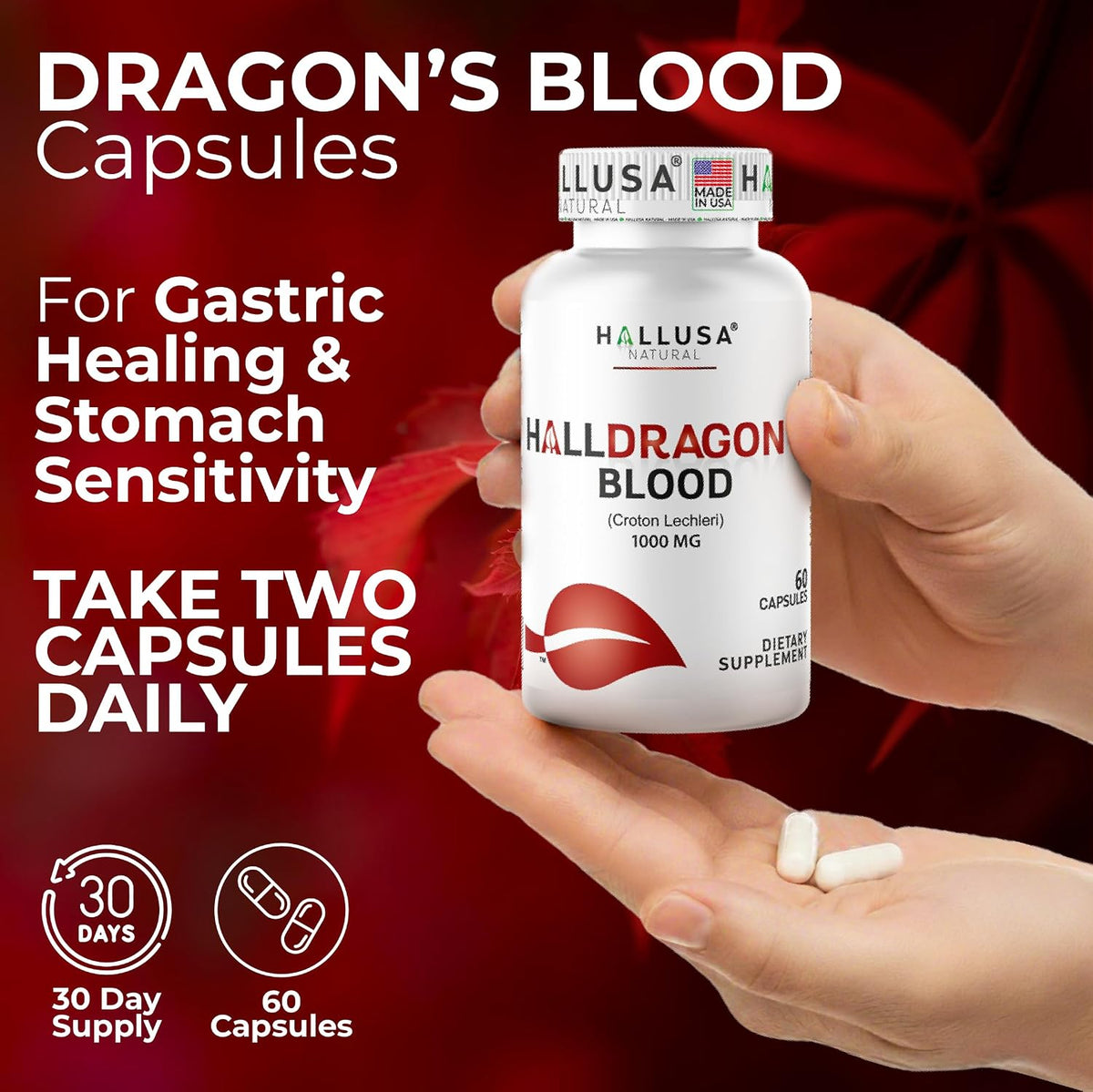 Dragon’s Blood Capsules 1000mg, Croton Lechleri Extract (Sangre de Drago, Sangre de Grado) Natural Digestion Support, Skin Healing, Ulcers, Stomach Sensitivity, Scarring, Antioxidant Support, 60 Capsules - görsel 3