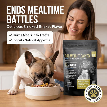 PET CARE Sciences Dog Weight Gainer with Skin & Coat Support - Weight Gain Supplements for Dogs - Canine Muscle Builder - Protein Powder - High Calorie Food Supplement - 90 Servings