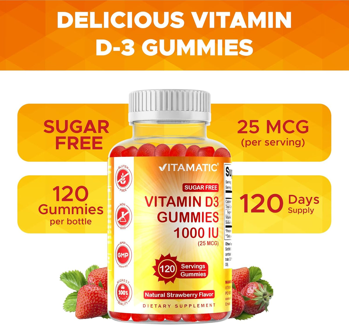 Vitamatic Sugar Free Vitamin D3 Gummies - 1000 IU - Pectin Based - Non-GMO - 120 Gummies - görsel 6
