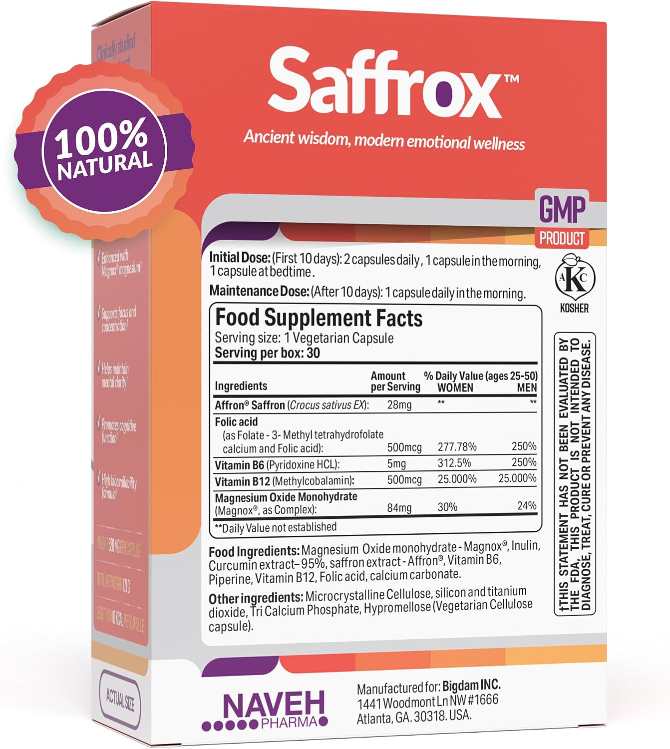 NAVEH PHARMA Saffrox Saffron Supplement – 30 High Strength Affron Extract Capsules (28mg) – Natural Mood Booster, Focus & Brain Support - görsel 6