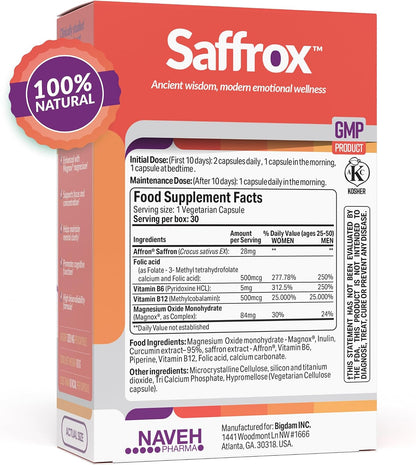 NAVEH PHARMA Saffrox Saffron Supplement – 30 High Strength Affron Extract Capsules (28mg) – Natural Mood Booster, Focus & Brain Support