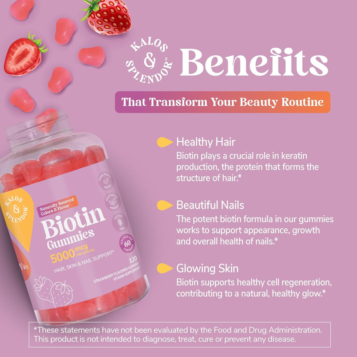 21st Century Biotin Gummies 5000 mcg for Hair, Skin and Nail Health – Vegetarian Strawberry Supplement, 120 Gummies, Gluten-free - görsel 6