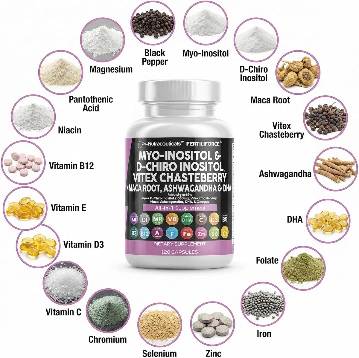 Clean Nutraceuticals Myo-Inositol & D-Chiro Inositol 2050mg Fertility Supplement 40:1 Ratio - Antenatal Vitamins for Women with Ashwagandha Maca Root Vitex Chasteberry Iron DHA Folic Acid DIM Zinc (1) - görsel 4