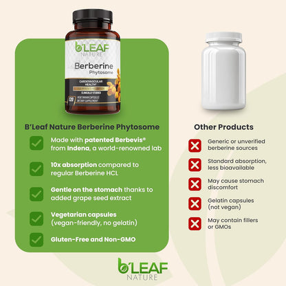 B'Leaf Nature Berberine Phytosome, 120 Capsules – 1100mg Berberine Supplement for Metabolic and Heart Health – Vegan, Gluten-Free, Non-GMO Berberine Phytosome Capsules for Immune Support