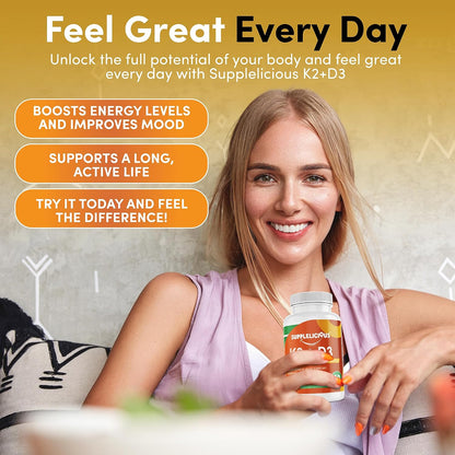 K2 + D3 with Calcium – Bone & Heart Health Supplement – Immune Support, 200mg per Serving, 60 Capsules – Non-GMO, Gluten-free, Made in USA