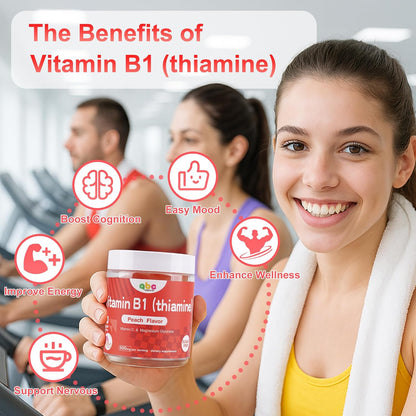 NEWOLITE Vitamin B1 Gummies 300mg - Chewable Thiamine Supplement with Magnesium - Natural Peach Flavour - 60 Gummies (1-Month Supply)